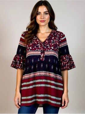 Knox Rose Peasant Top Red Flora Boho Festival Size XS Button Front Shirt